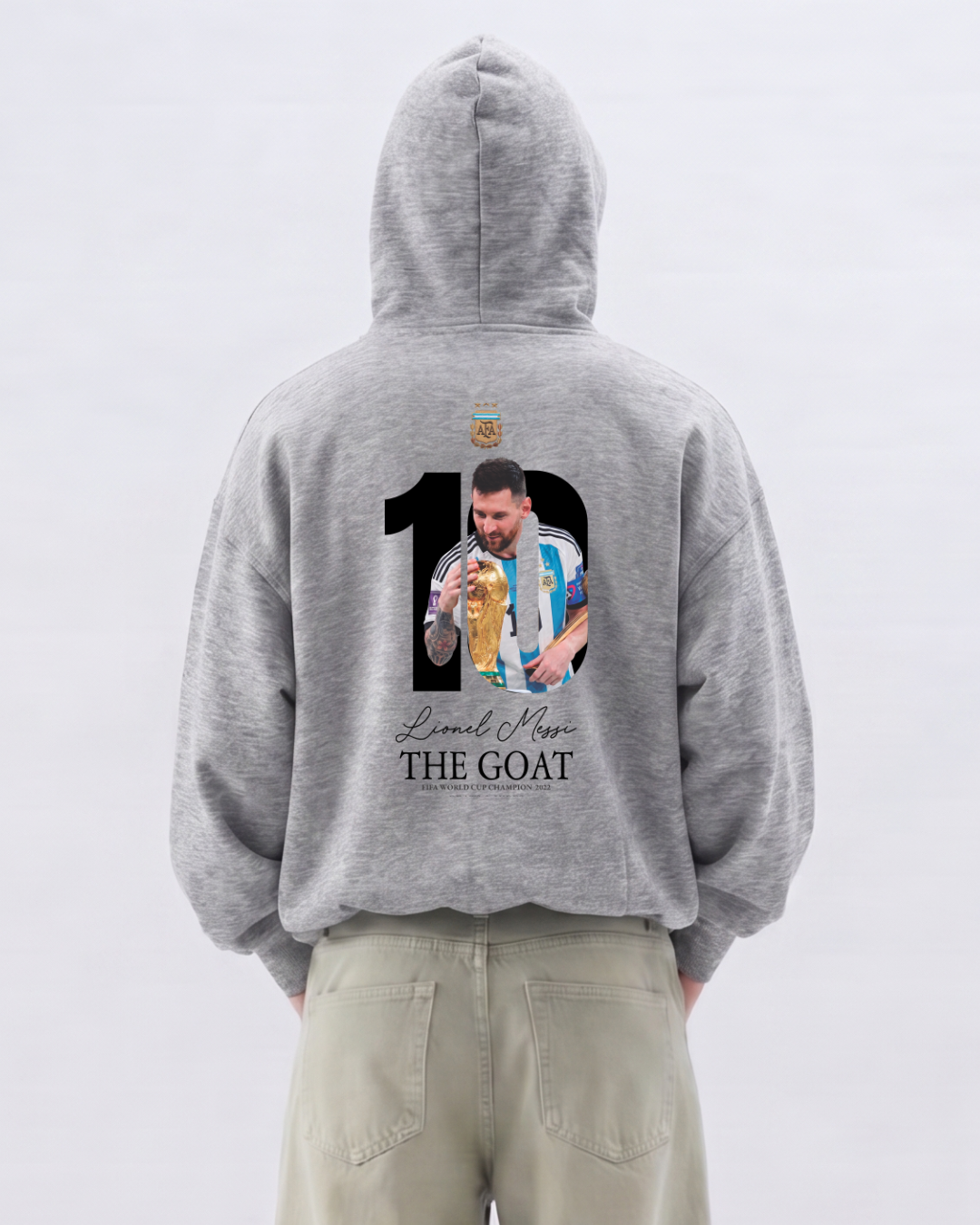 Hoodie "Messi THE GOAT" – Edición Campeón del Mundo / Gris