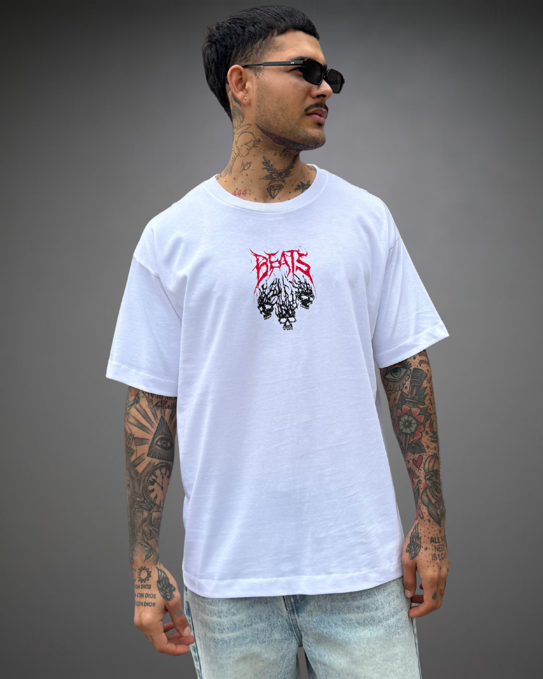 Polo Hombre Oversize Three Skulls Beats - Blanco