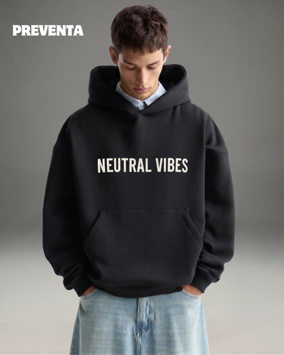 Hoodie Oversize Hombre Neutral Vibes - Negro