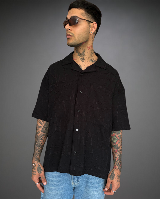 Camisa Hombre Oversize Textura Flores - Negro