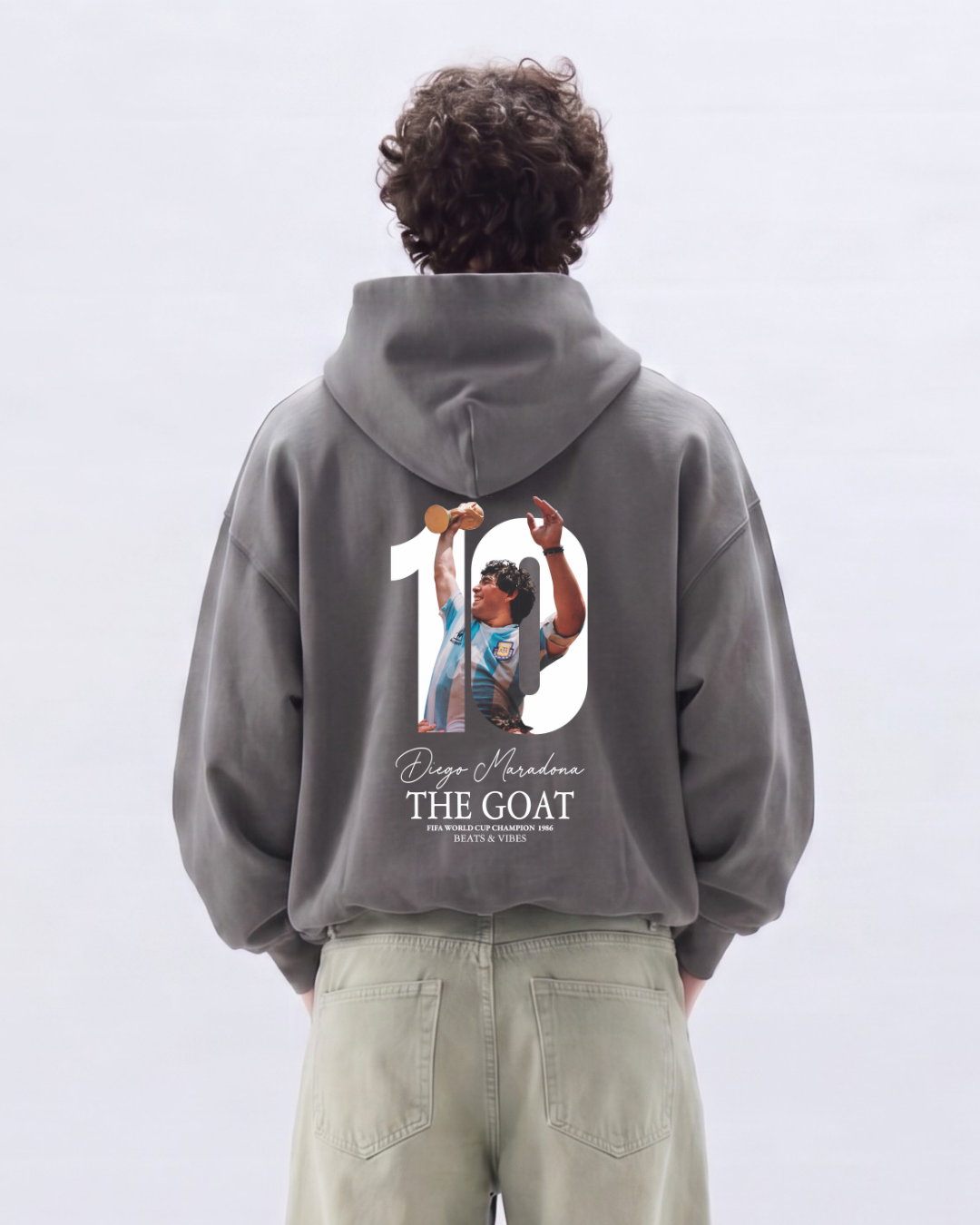 Hoodie "Maradona THE GOAT" – Edición Campeón del Mundo / Plomo