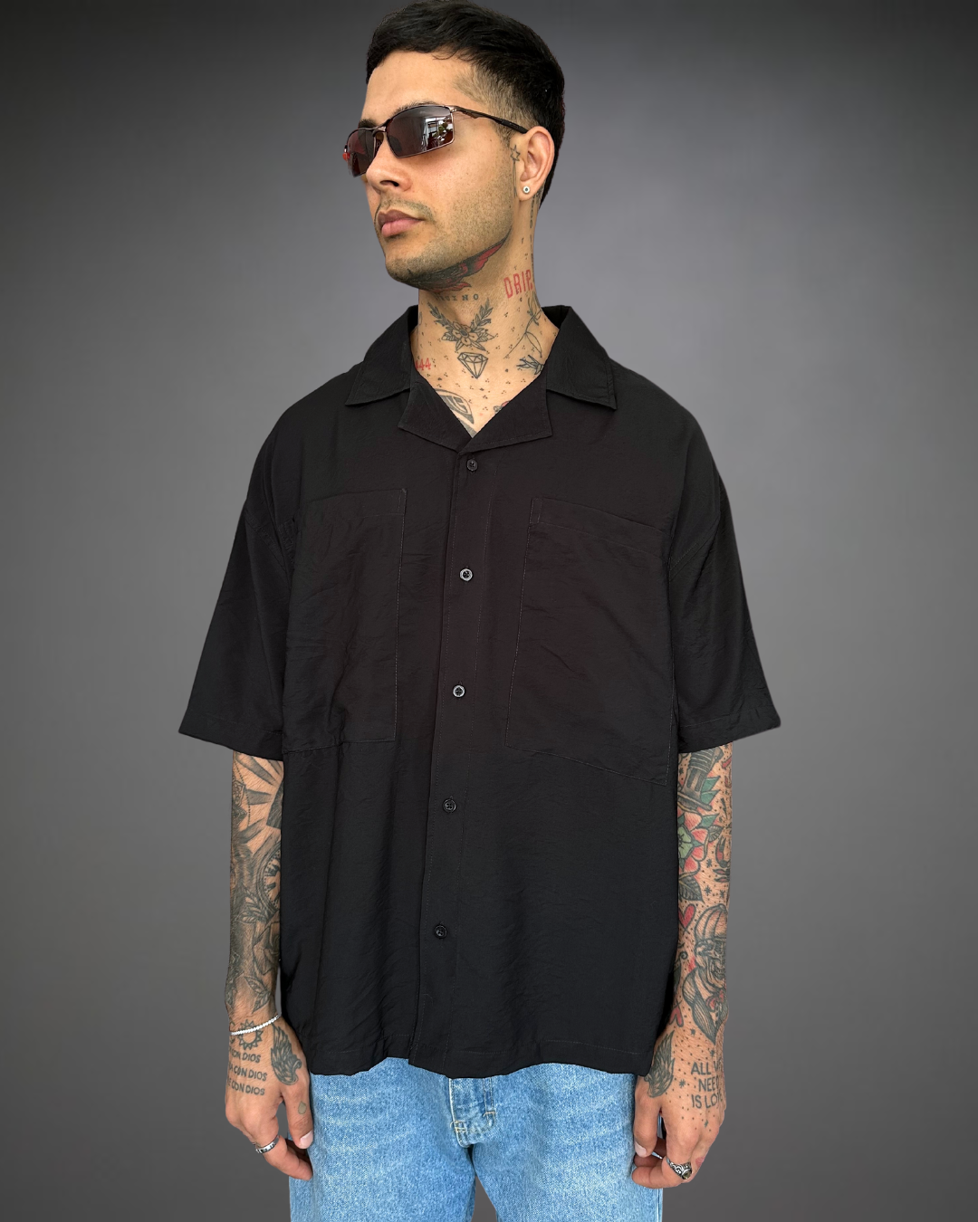 Camisa Hombre Oversize Textura Flores - Negro
