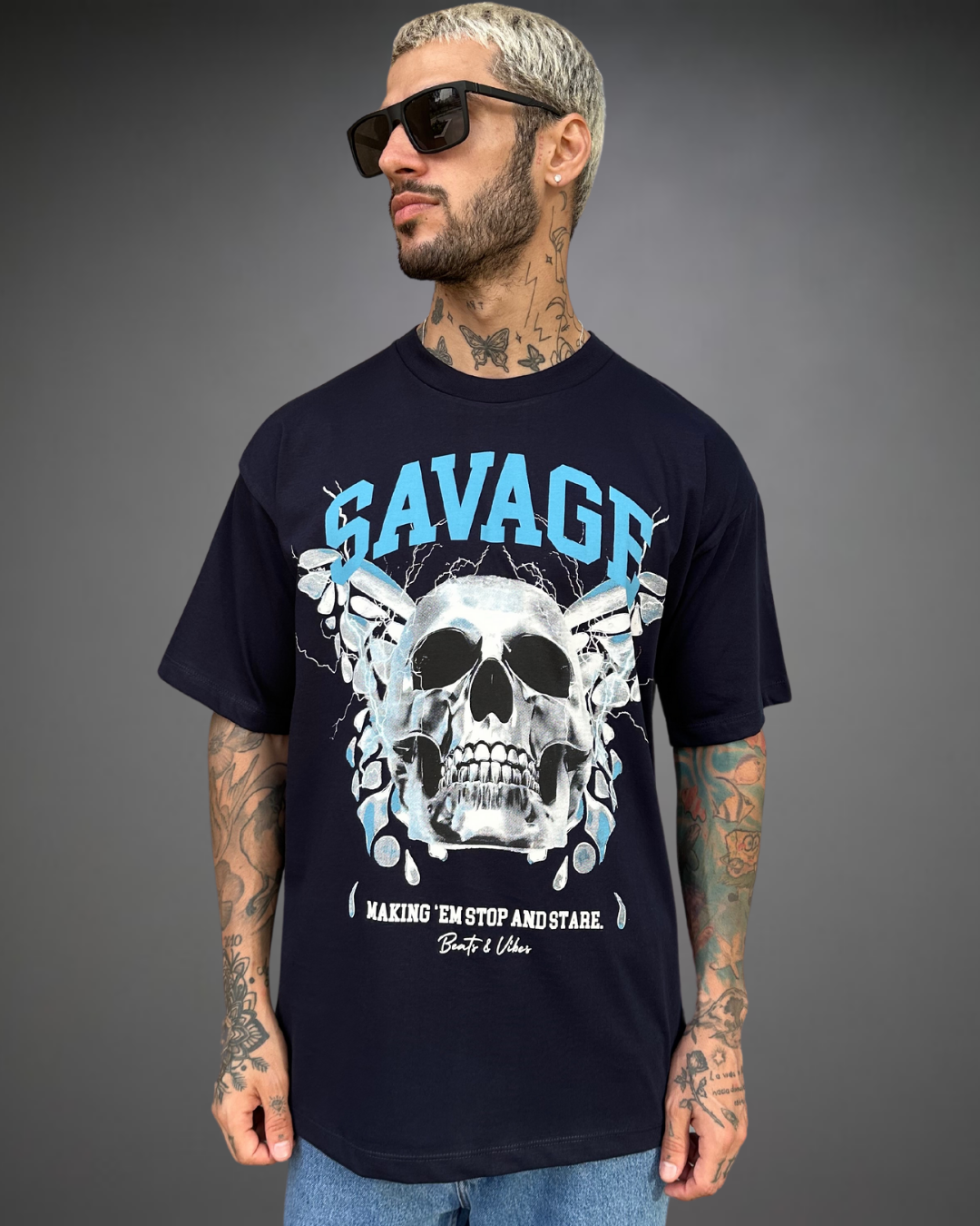Polo Hombre Oversize Savage Skull - Azul Noche