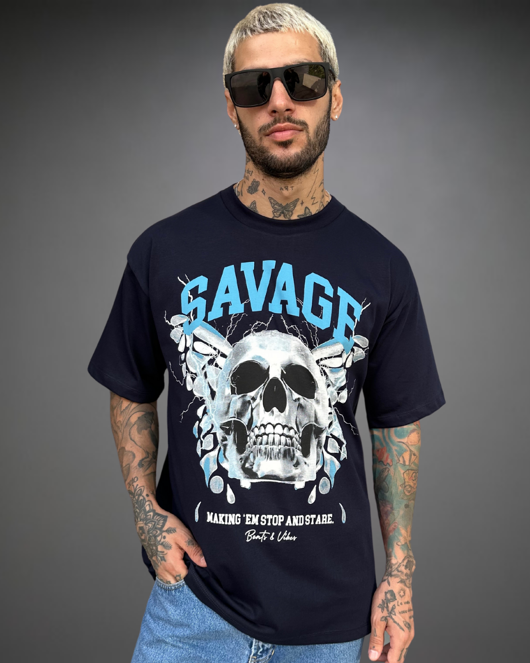 Polo Hombre Oversize Savage Skull - Azul Noche