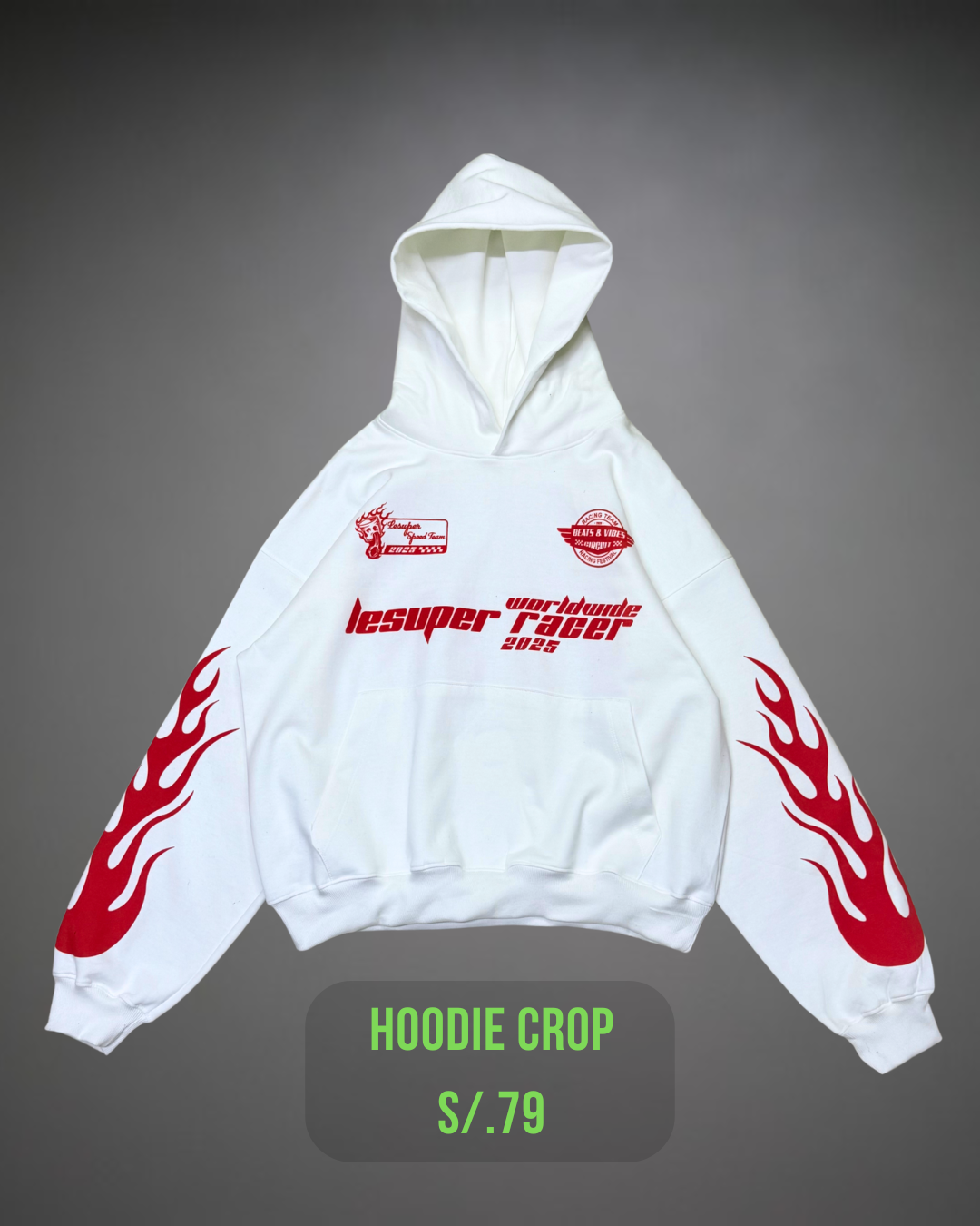 Hoodie Crop Oversize Racer Beats - Blanco