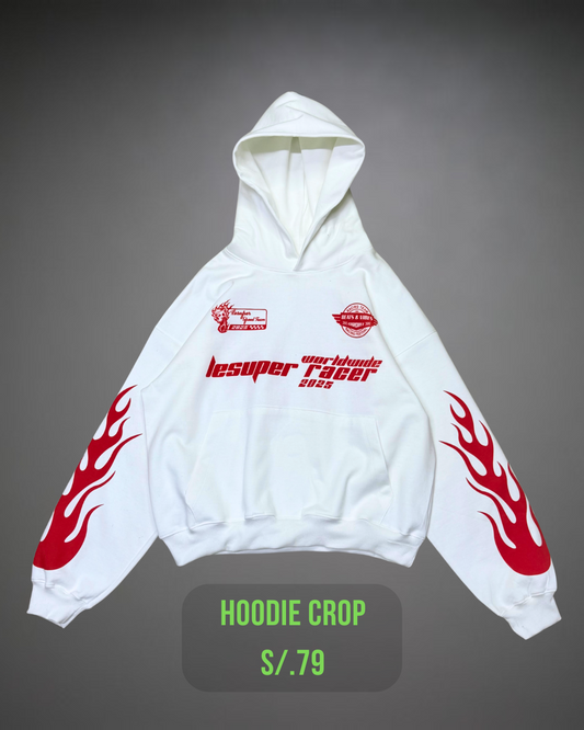 Hoodie Crop Oversize Racer Beats - Blanco
