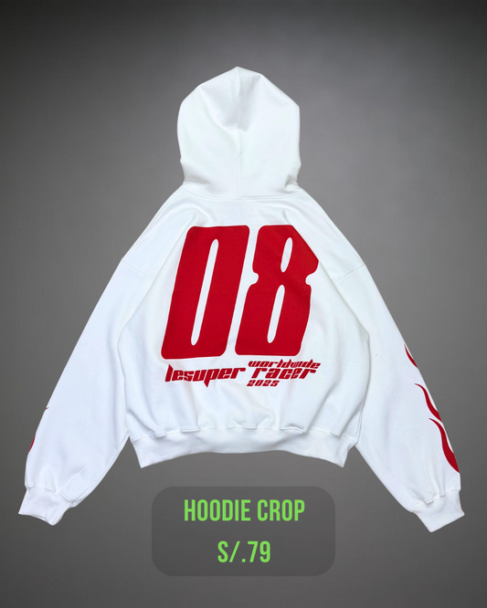Hoodie Crop Oversize Racer Beats - Blanco
