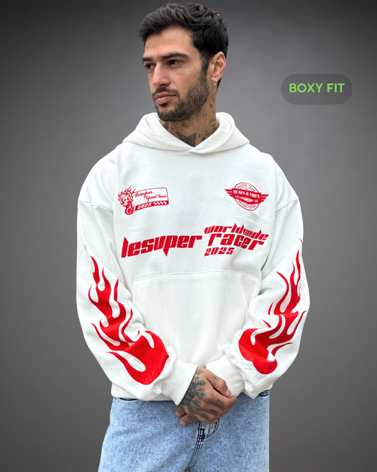 Hoodie Crop Boxy Over Racer Beats - Blanco