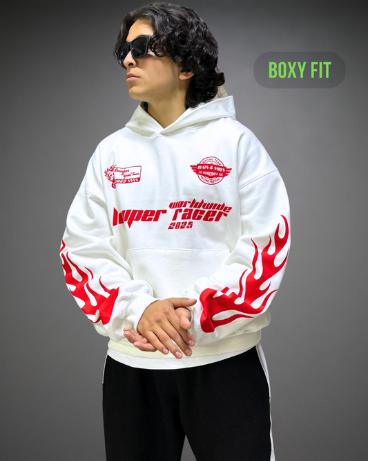 Hoodie Crop Oversize Racer Beats - Blanco
