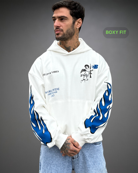 Hoodie Crop Boxy Over WorldWide Beats - Blanco