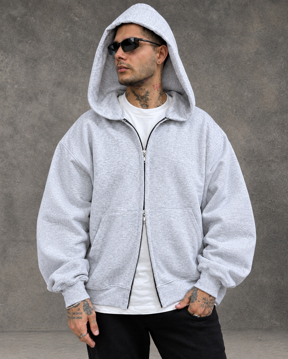 Hoodie Jacket Doble Cierre Oversize Hombre  - Gris