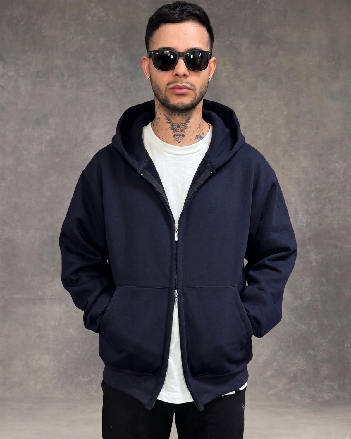 Hoodie Jacket Doble Cierre Oversize Hombre  - Azul Noche