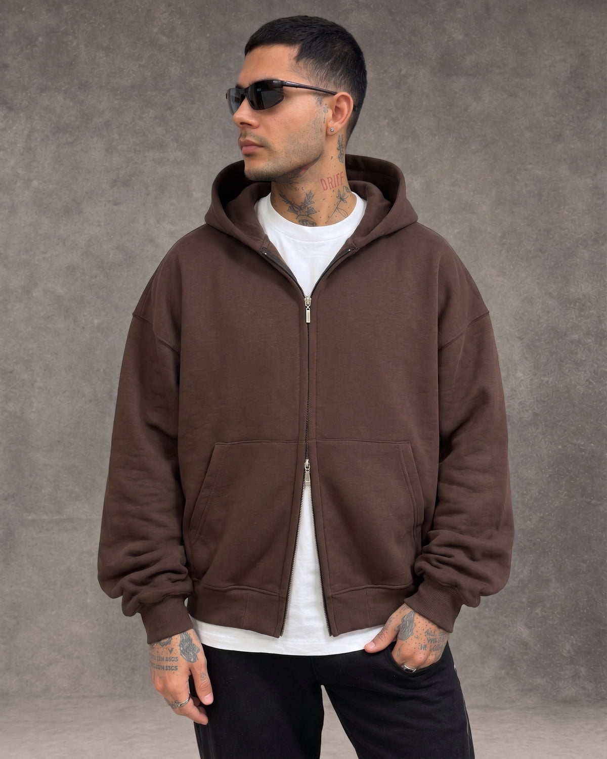 Hoodie Jacket Doble Cierre Oversize Hombre  - Marrón