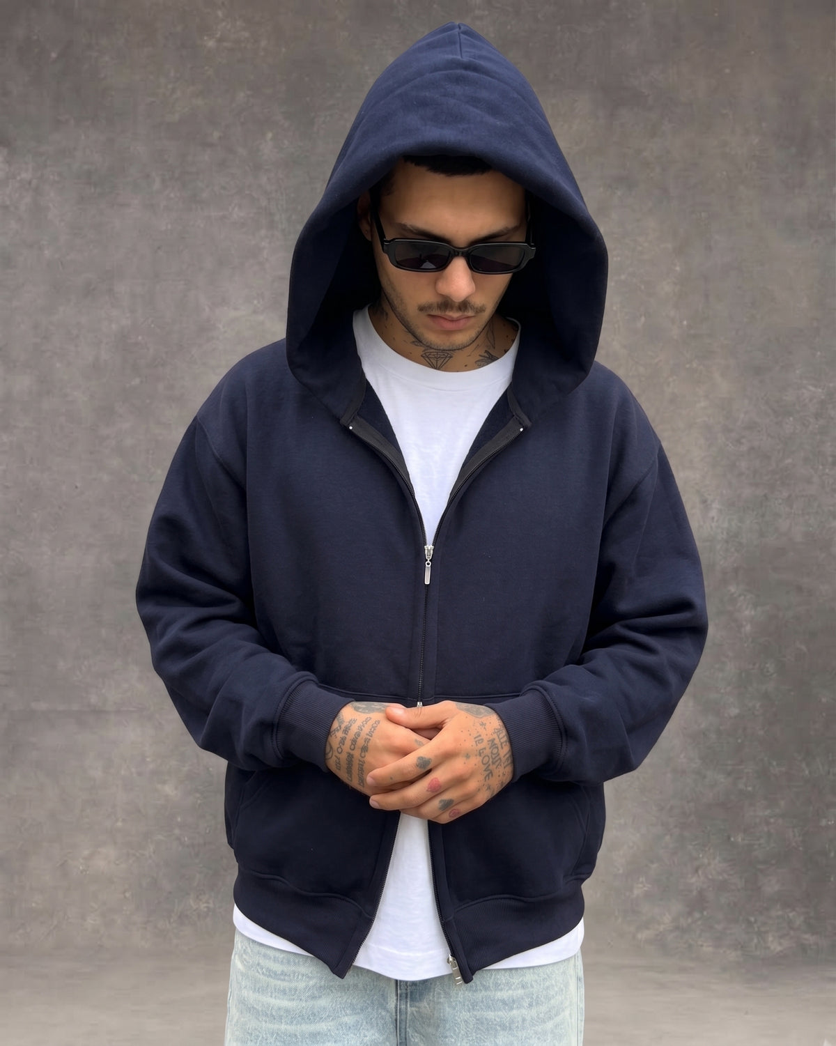 Hoodie Jacket Doble Cierre Oversize Hombre  - Azul Noche
