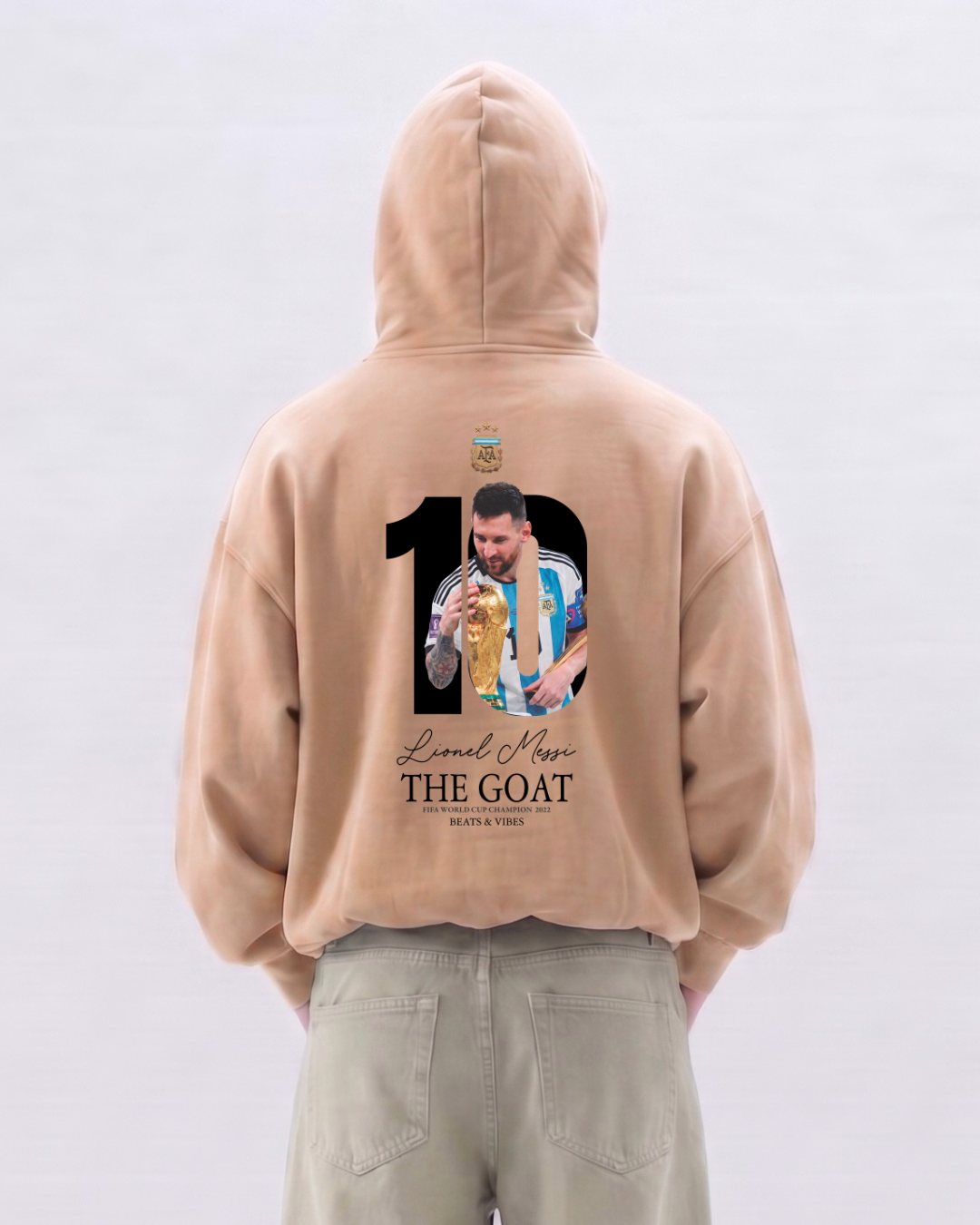 Hoodie "Messi THE GOAT" – Edición Campeón del Mundo / Arena