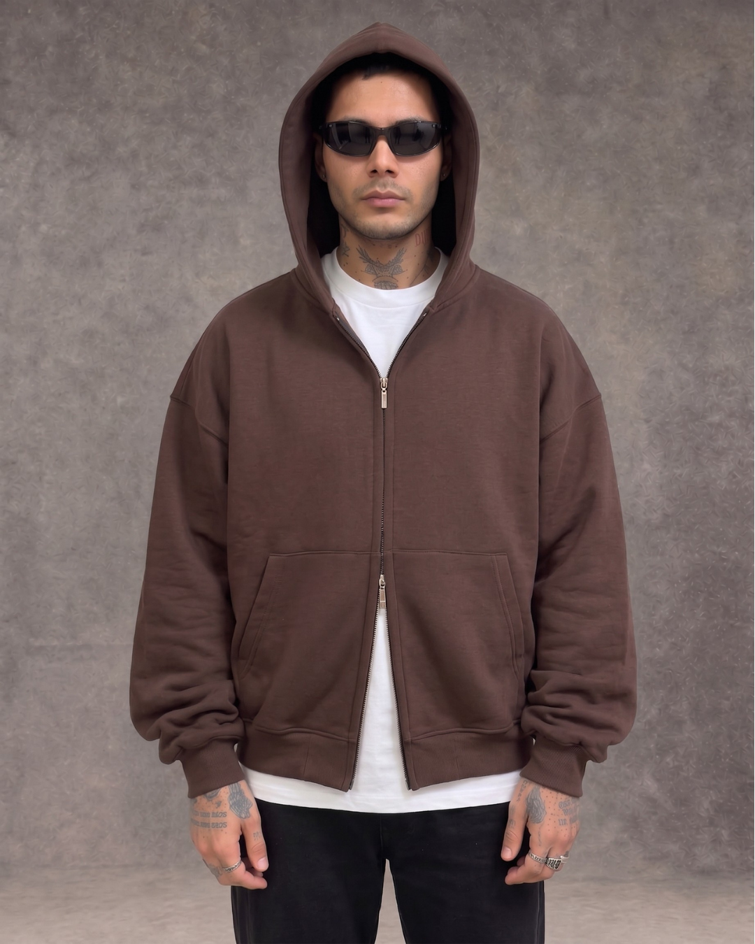 Hoodie Jacket Doble Cierre Oversize Hombre  - Marrón