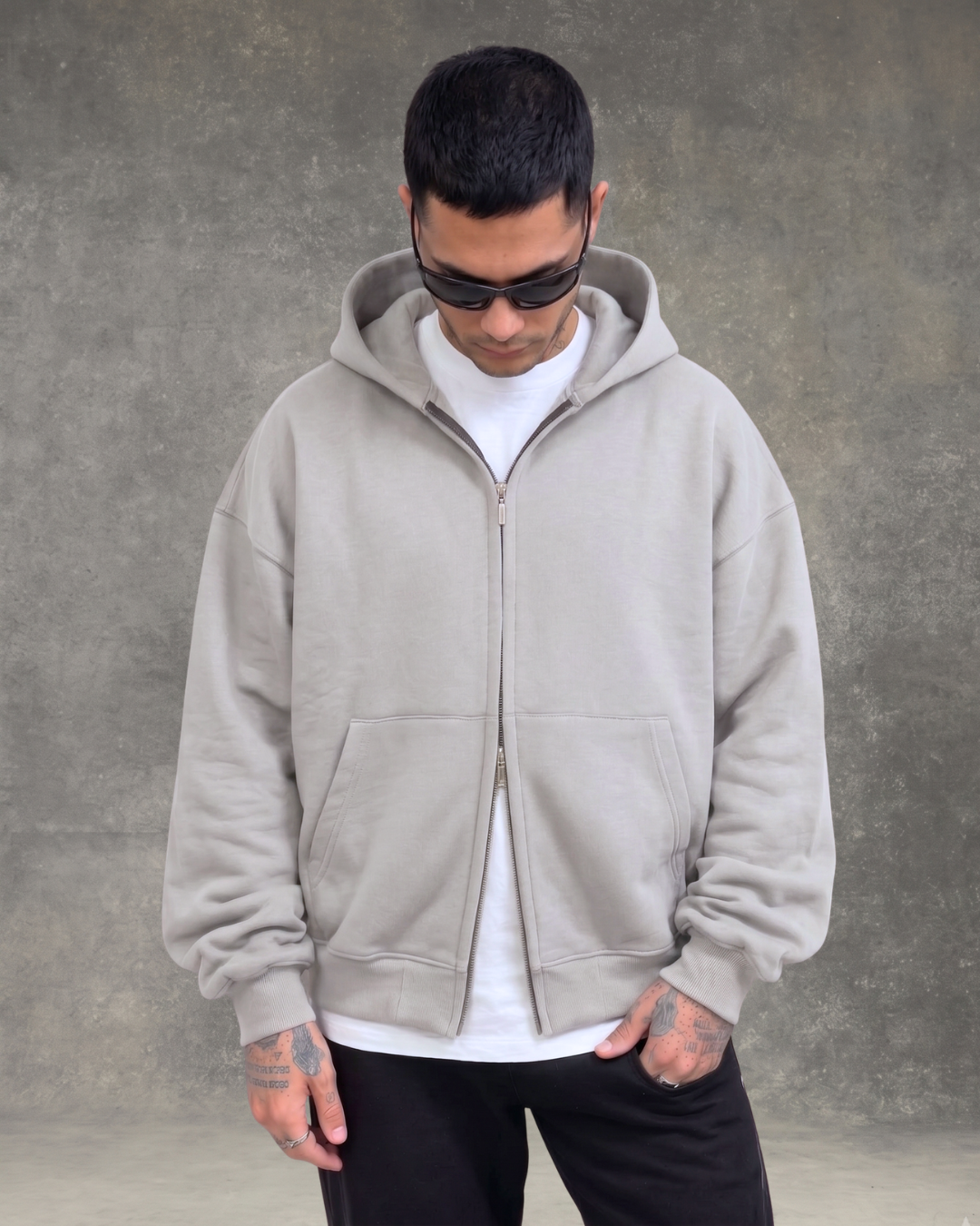 Hoodie Jacket Doble Cierre Oversize Hombre  - Cemento