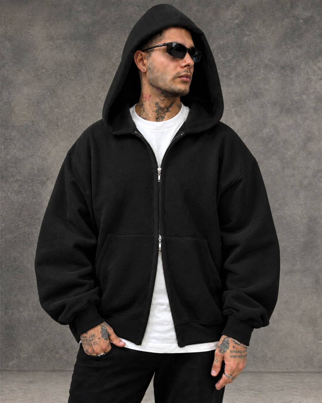 Hoodie Jacket Doble Cierre Oversize Hombre - Negro